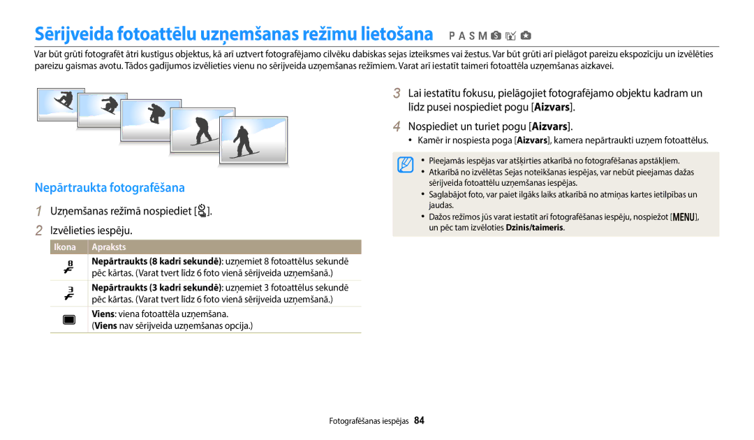 Samsung EC-WB800FBPWE2, EC-WB700ZBPBE2 manual Nepārtraukta fotografēšana, Uzņemšanas režīmā nospiediet t Izvēlieties iespēju 