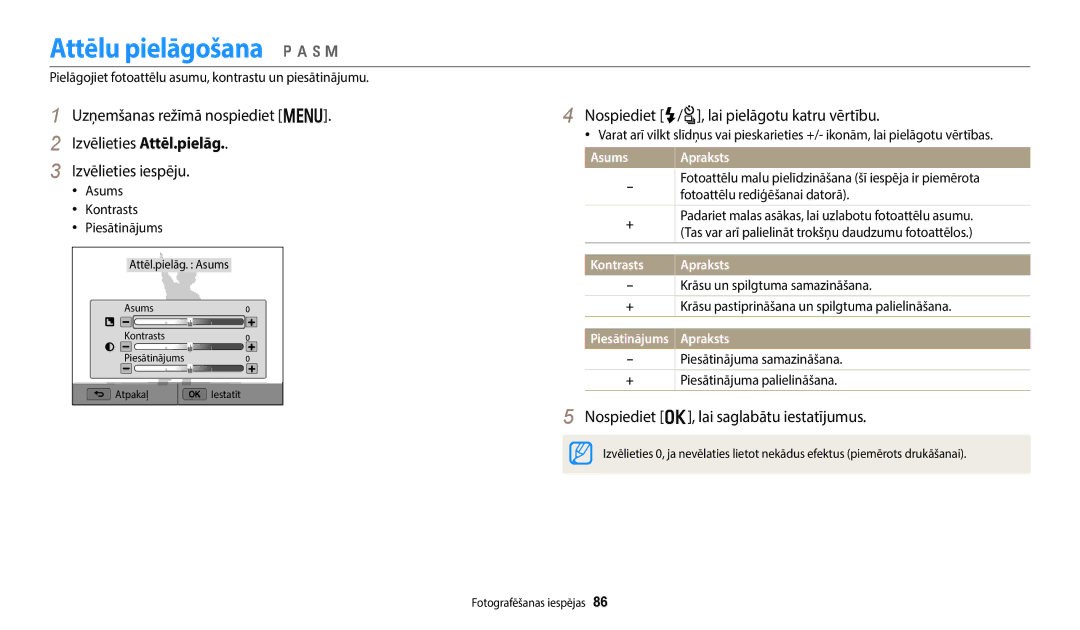 Samsung EC-WB800FBPBE2, EC-WB800FBPWE2 manual Attēlu pielāgošana p a h M, Nospiediet F/t, lai pielāgotu katru vērtību 