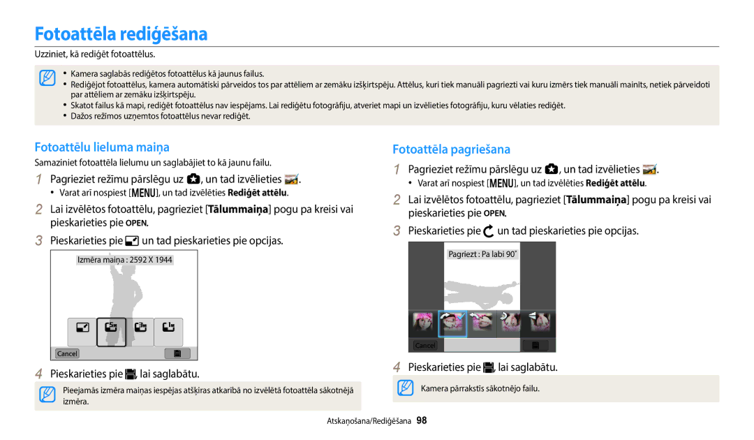 Samsung EC-WB800FFPBE2, EC-WB800FBPWE2 manual Fotoattēla rediģēšana, Fotoattēlu lieluma maiņa, Fotoattēla pagriešana 