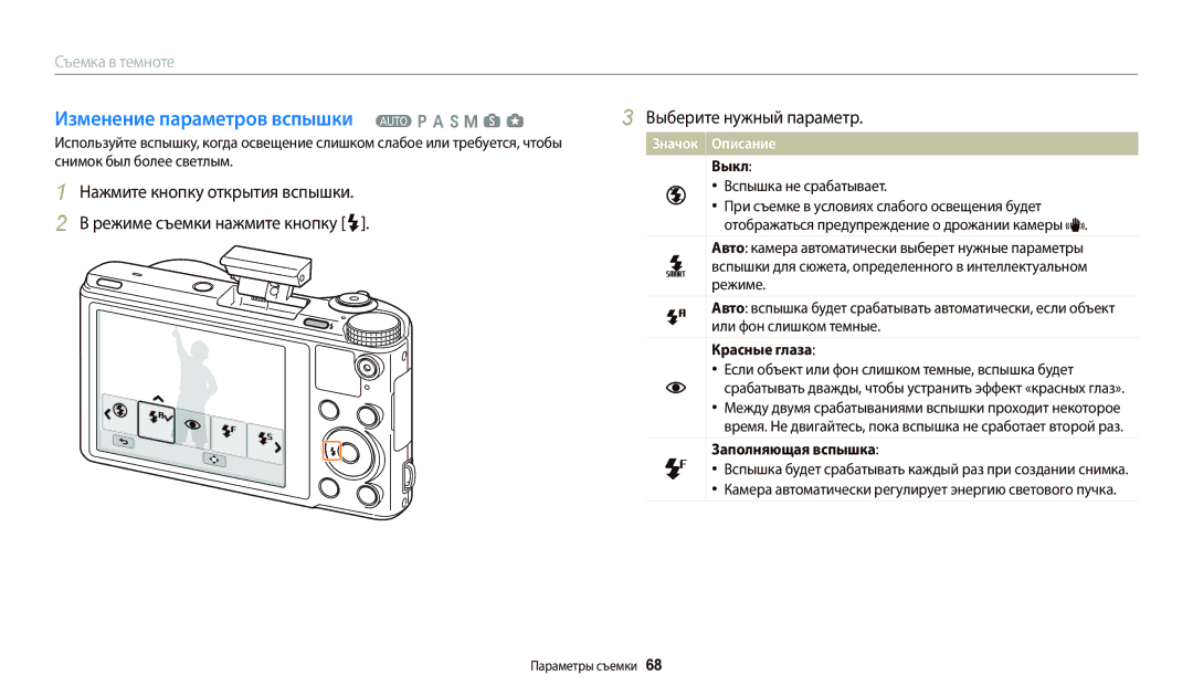 Samsung EC-WB800FBPRRU manual Изменение параметров вспышки T p a h M s g, Выкл, Красные глаза, Заполняющая вспышка 