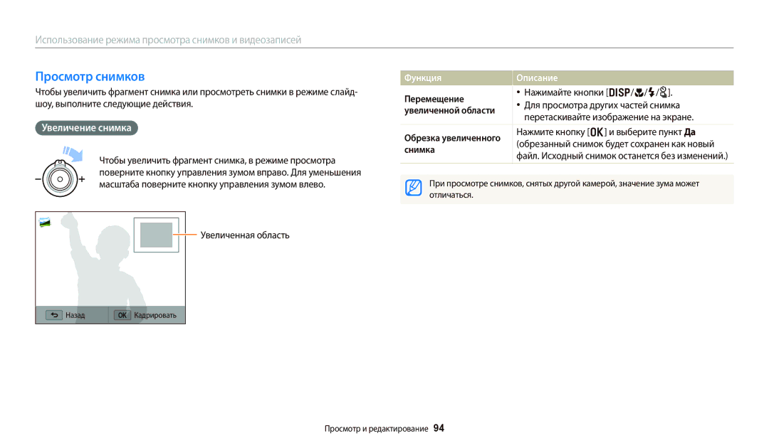 Samsung EC-WB800FFPBRU Просмотр снимков, Увеличение снимка, Функция Описание, Нажмите кнопку o и выберите пункт Да, Снимка 