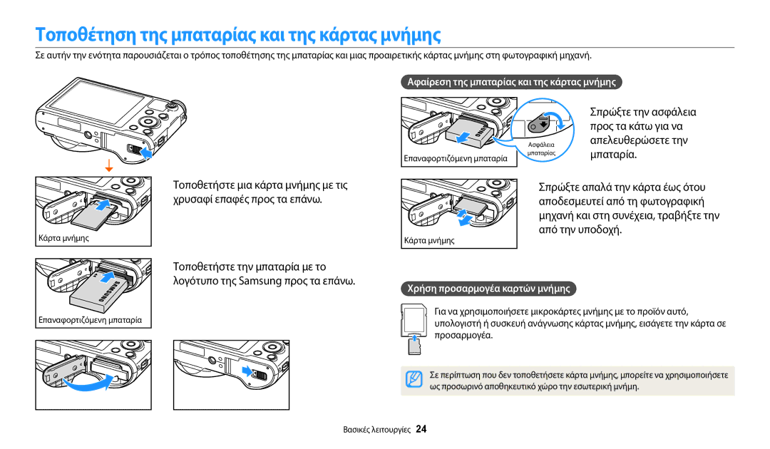 Samsung EC-WB800FBPBE3, EC-WB800FFPBE3, EC-WB800FBPWE3, EC-WB700ZBPBE3 manual Τοποθέτηση της μπαταρίας και της κάρτας μνήμης 
