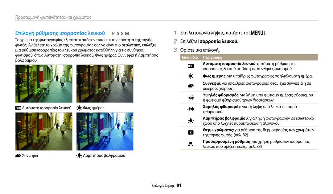 Samsung EC-WB800FFPWE3 manual Επιλογή ρύθμισης ισορροπίας λευκού p a h M, Επιλέξτε Ισορροπία λευκού, Φως ημέρας, Συννεφιά 