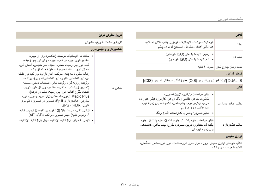 Samsung EC-WB850FDPBIR, EC-WB850FBPBAE, EC-WB850FBPBIL, EC-WB850FDPBME, EC-WB850FBPBKE, EC-WB850FBDBAE manual مشخصات دوربین 