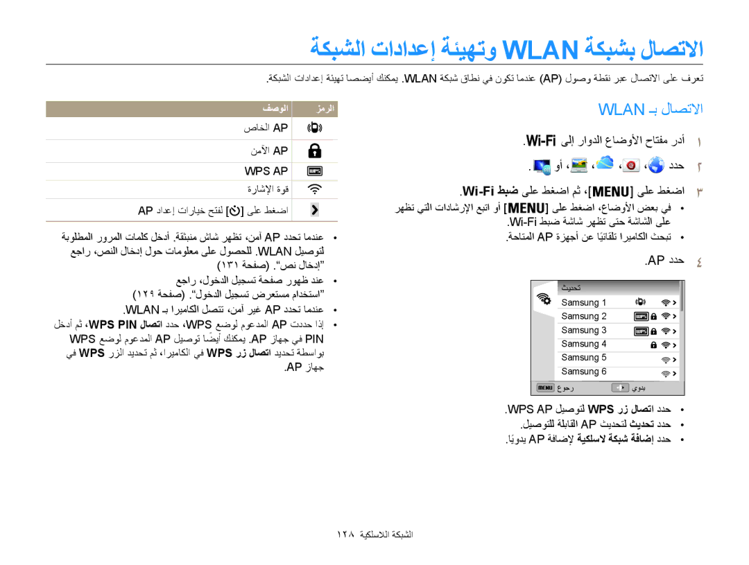 Samsung EC-WB850FDPBIR, EC-WB850FBPBAE manual ةكبشلا تادادعإ ةئيهتو Wlan ةكبشب لاصتلاا, Wlan ـب لاصتلاا, AP ددح4, Ap زاهج 