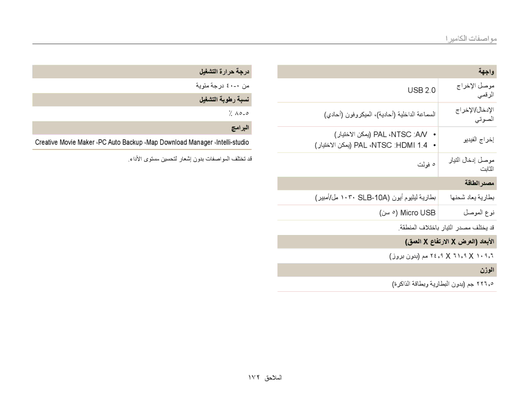 Samsung EC-WB850FBDBAE ليغشتلا ةرارح ةجرد, ليغشتلا ةبوطر ةبسن جماربلا, ةهجاو, ةقاطلاردصم, قمعلا X عافترلاا X ضرعلا داعبلأا 