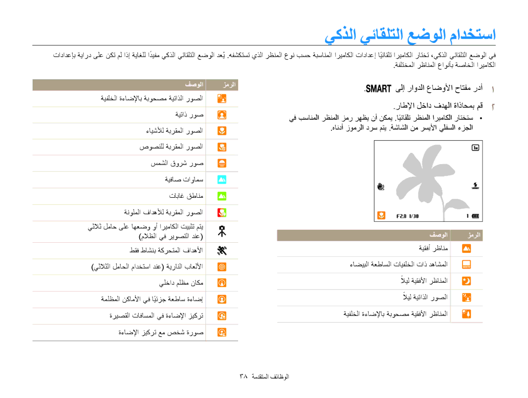 Samsung EC-WB850FDPBIR manual يكذلا يئاقلتلا عضولا مادختسا, راطلإا لخاد فدهلا ةاذاحمب مق, ىلإ راودلا عاضولأا حاتفم ردأ 