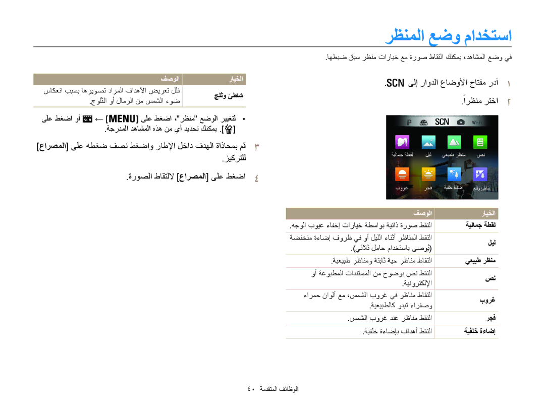 Samsung EC-WB850FBDBAE, EC-WB850FBPBAE, EC-WB850FBPBIL manual رظنملا عضو مادختسا, ىلإ راودلا عاضولأا حاتفم ردأ1 ًارظنم رتخا2 