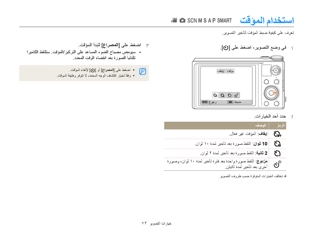 Samsung EC-WB850FDPBME manual تقؤملا مادختسا, تقؤملا أدبتل عارصملا ىلع طغضا3, تارايخلا دحأ ددح2, 73 خيارات التصوير 