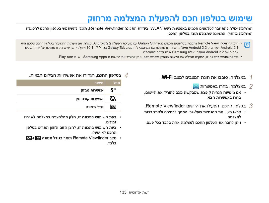 Samsung EC-WB850FBPBAE, EC-WB850FBPBIL manual קוחרמ המלצמה תלעפהל םכח ןופלטב שומיש, ןופלטב 4 