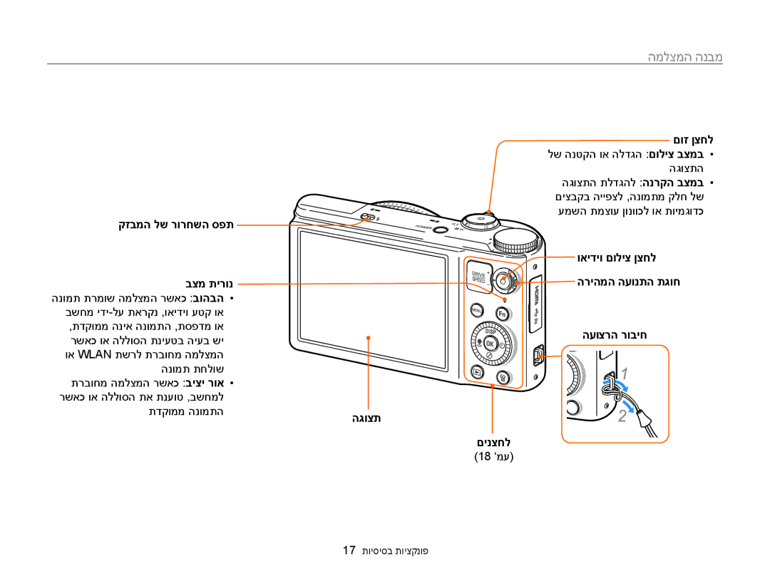 Samsung EC-WB850FBPBAE, EC-WB850FBPBIL manual מבנה המצלמה, קזבמה לש רורחשה ספת בצמ תירונ, הגוצת, העוצרה רוביח םינצחל 