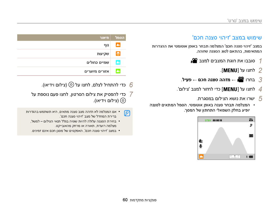 Samsung EC-WB850FBPBIL manual םכח הנצס יוהיז בצמב שומיש, בצמל םיבצמה תגוח תא ובבוס1 לע וצחל2, ליעפ ← םכח הנצס ההזמ ← ורחב3 