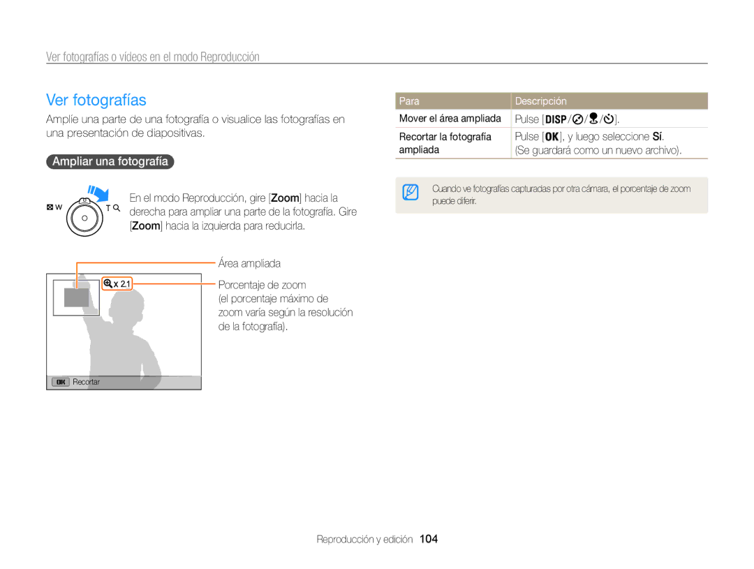 Samsung EC-WB850FBPBAE manual Ver fotografías, Ampliar una fotografía , Área ampliada Porcentaje de zoom, Ampliada 