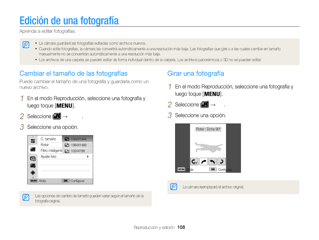 Samsung EC-WB850FBPBAE manual Edición de una fotografía, Cambiar el tamaño de las fotografías, Girar una fotografía 