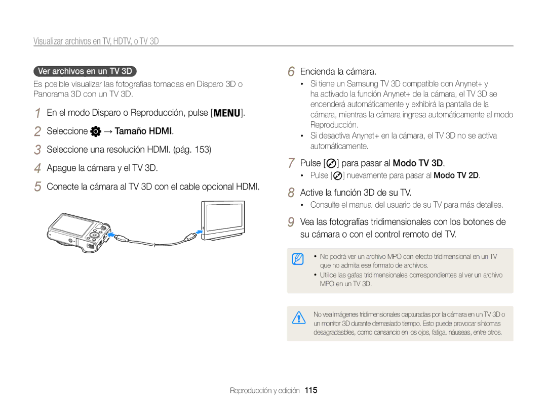 Samsung EC-WB850FBPBE1 manual Pulse Para pasar al Modo TV 3D, Active la función 3D de su TV, Ver archivos en un TV 3D  