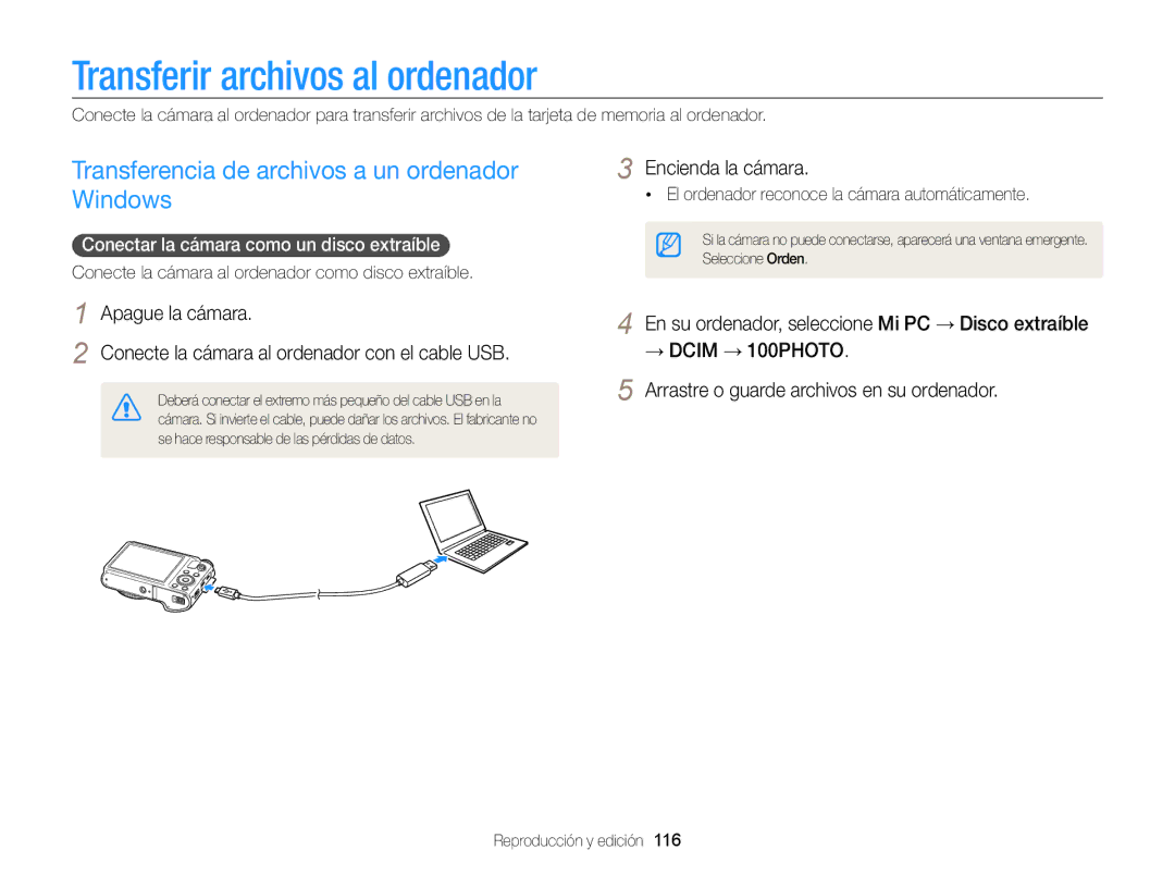 Samsung EC-WB850FBPBAE, EC-WB850FBPBE1 Transferir archivos al ordenador, Transferencia de archivos a un ordenador Windows 