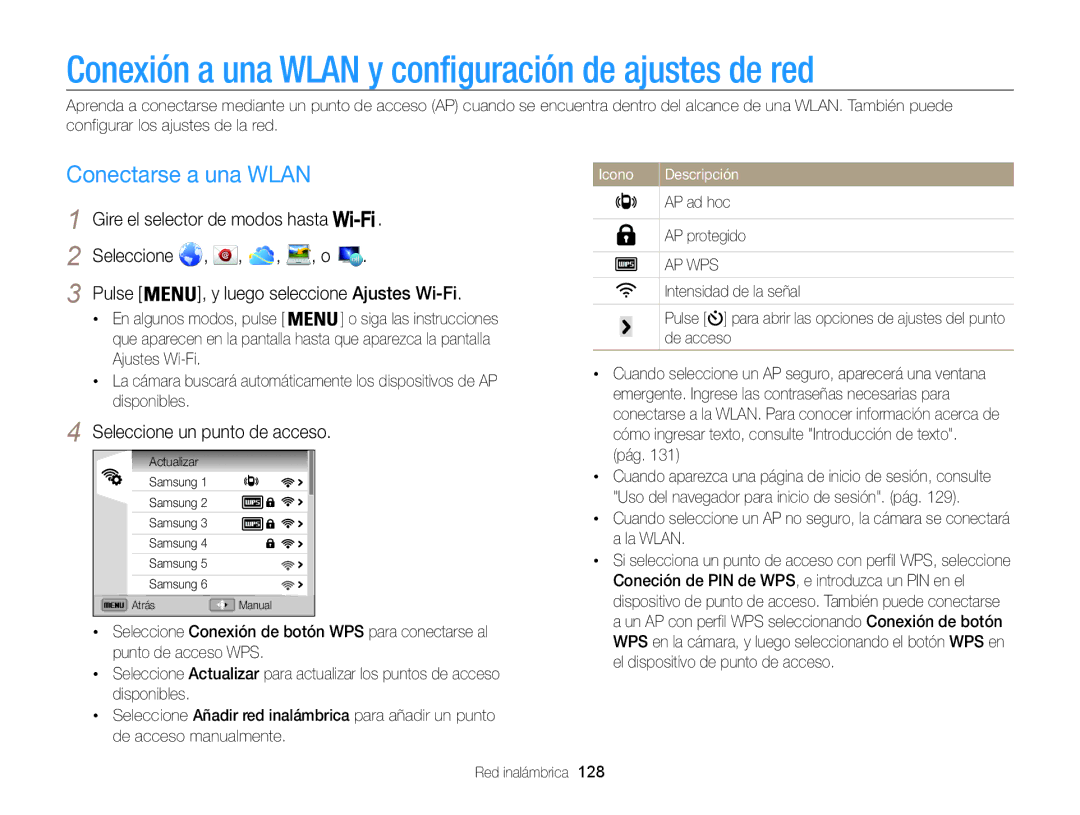 Samsung EC-WB850FBPBAE, EC-WB850FBPBE1 Conexión a una Wlan y configuración de ajustes de red, Conectarse a una Wlan, Pág 