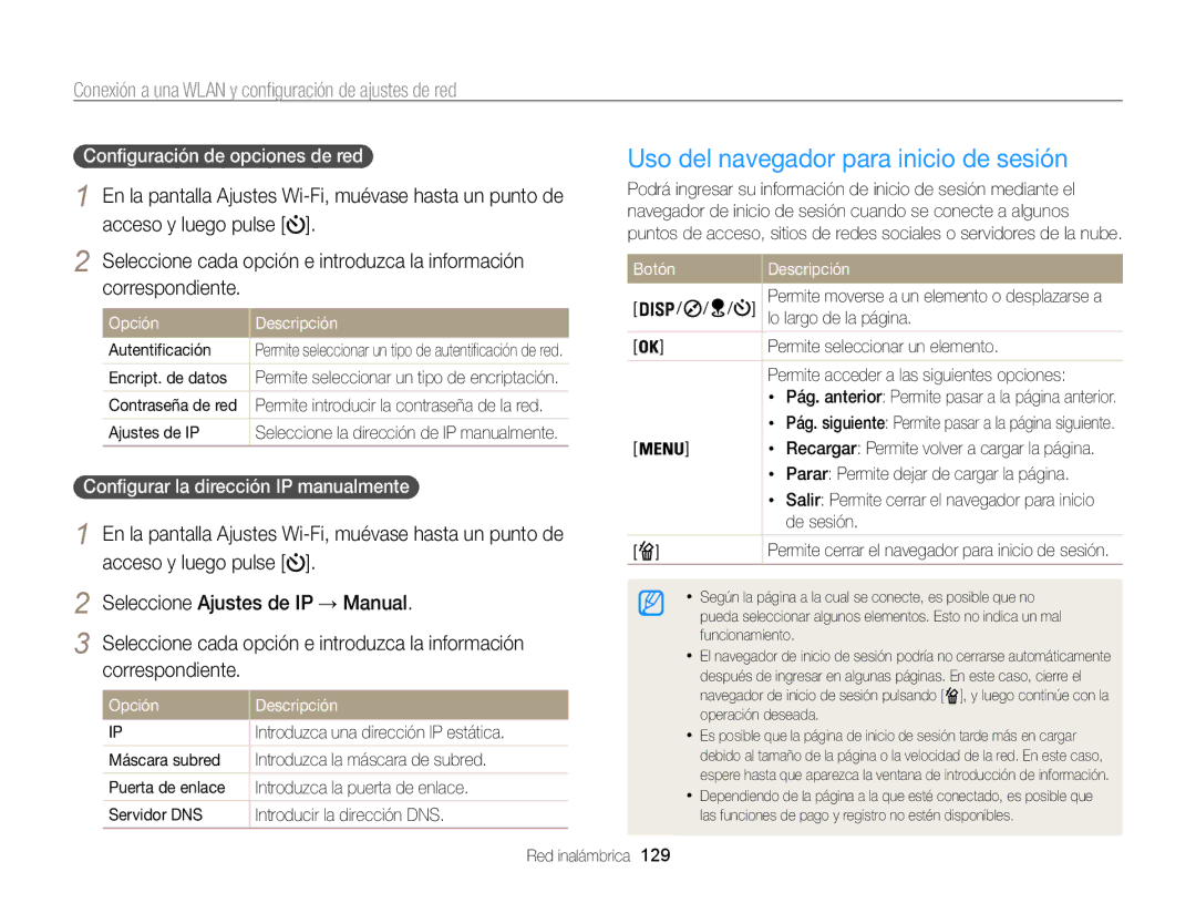 Samsung EC-WB850FBPBIL Uso del navegador para inicio de sesión, Conexión a una Wlan y configuración de ajustes de red 