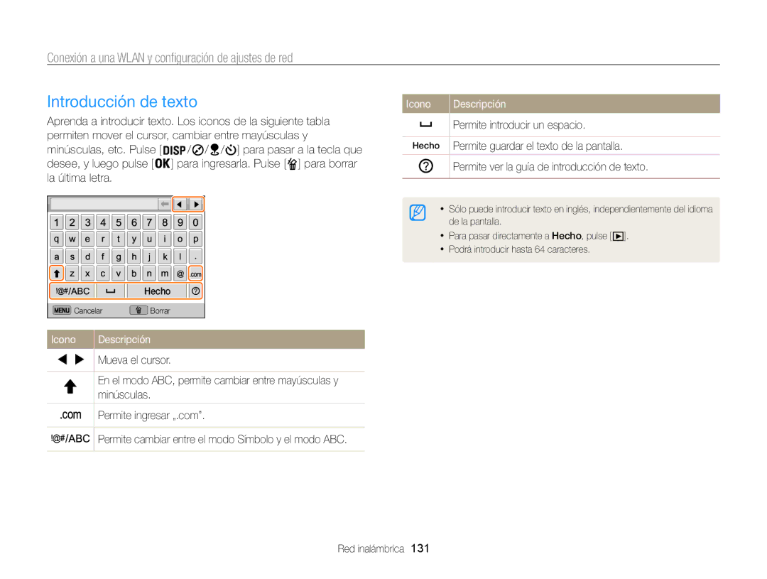 Samsung EC-WB850FBPBE1, EC-WB850FBPBAE, EC-WB850FBPBIL, EC-WB850FBPBTW manual Introducción de texto, Icono Descripción 