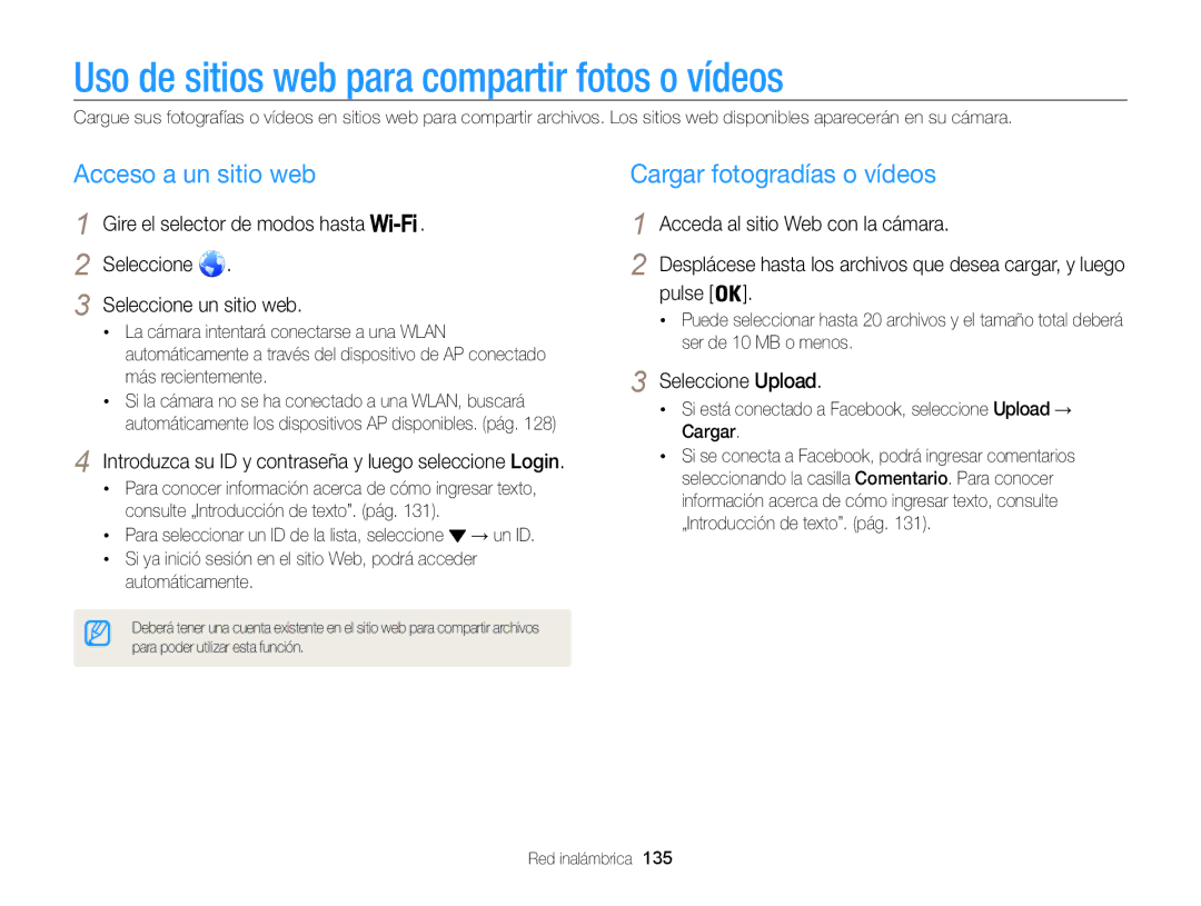 Samsung EC-WB850FBPBE1 Uso de sitios web para compartir fotos o vídeos, Acceso a un sitio web, Cargar fotogradías o vídeos 