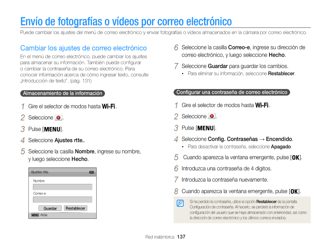 Samsung EC-WB850FBPBIL Envío de fotografías o vídeos por correo electrónico, Cambiar los ajustes de correo electrónico 