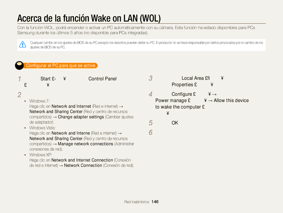 Samsung EC-WB850FBPBTW, EC-WB850FBPBE1 manual Acerca de la función Wake on LAN WOL, Configurar el PC para que se active 