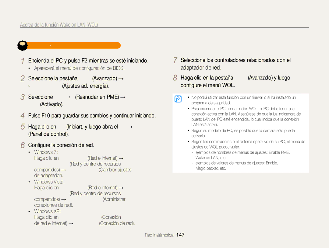 Samsung EC-WB850FBPBE1, EC-WB850FBPBAE, EC-WB850FBPBIL, EC-WB850FBPBTW manual Acerca de la función Wake on LAN WOL 