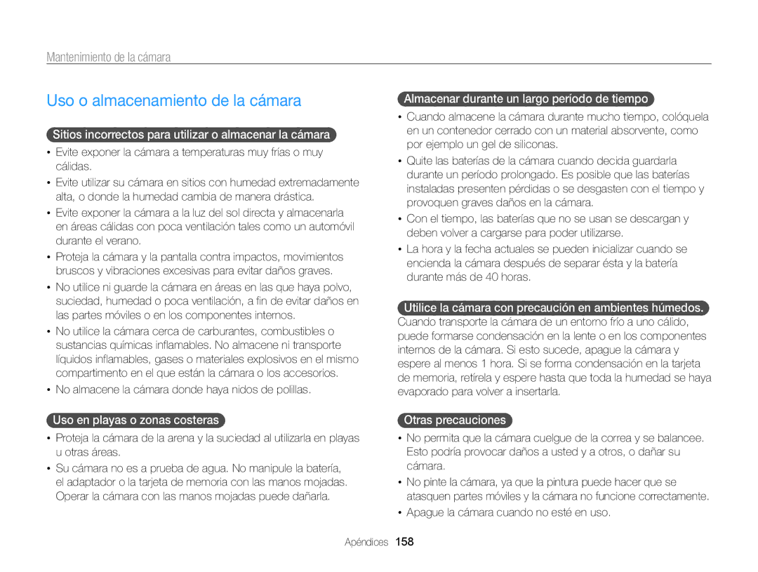 Samsung EC-WB850FBPBTW, EC-WB850FBPBE1, EC-WB850FBPBAE manual Uso o almacenamiento de la cámara, Mantenimiento de la cámara 