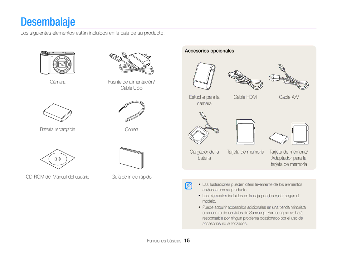 Samsung EC-WB850FBPBE1 manual Desembalaje, Cable Hdmi, Batería recargable, CD-ROM del Manual del usuario, Funciones básicas 