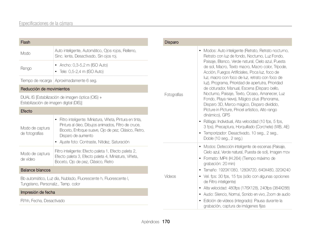 Samsung EC-WB850FBPBTW, EC-WB850FBPBE1, EC-WB850FBPBAE, EC-WB850FBPBIL manual Especificaciones de la cámara 