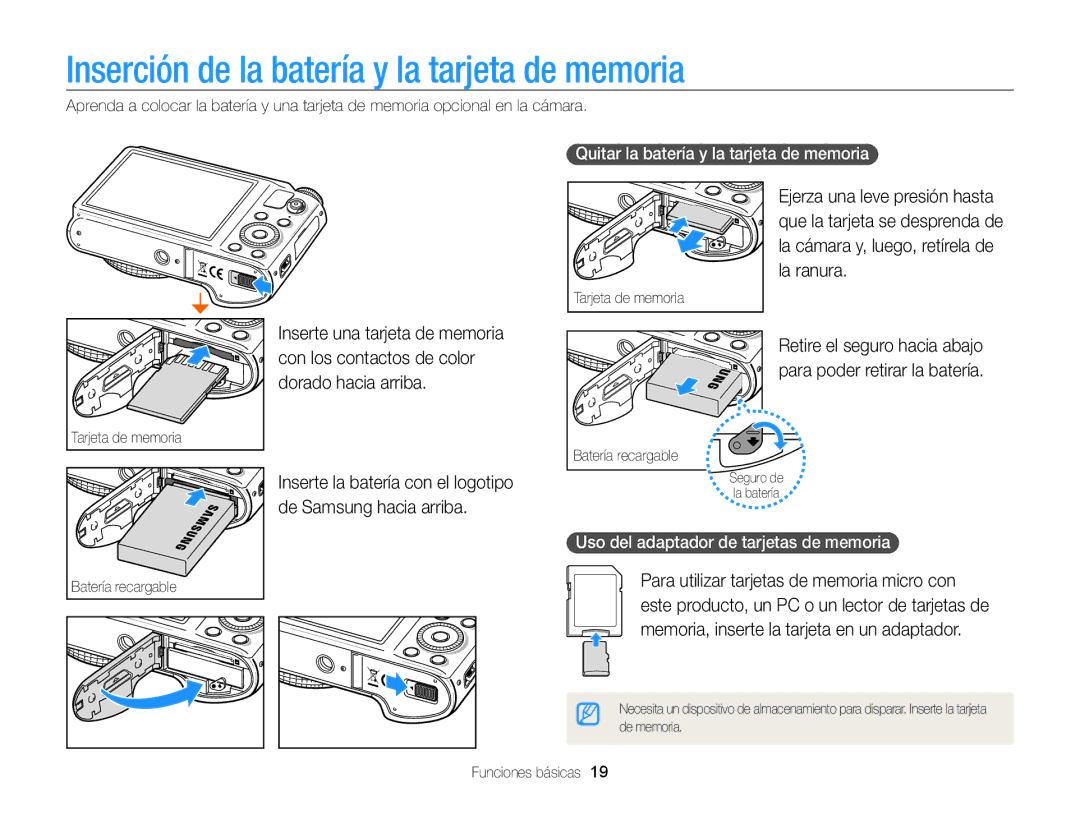 Samsung EC-WB850FBPBE1 Inserción de la batería y la tarjeta de memoria, Con los contactos de color, Dorado hacia arriba 