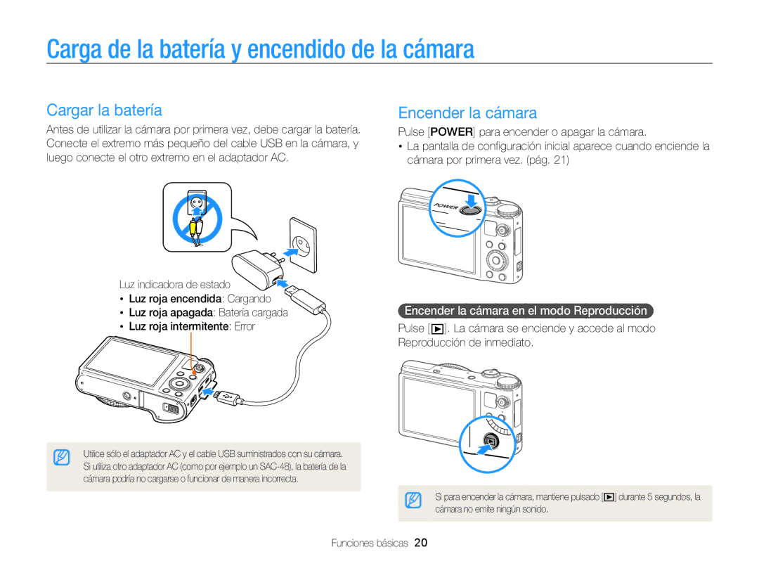 Samsung EC-WB850FBPBAE, EC-WB850FBPBE1 Carga de la batería y encendido de la cámara, Cargar la batería, Encender la cámara 