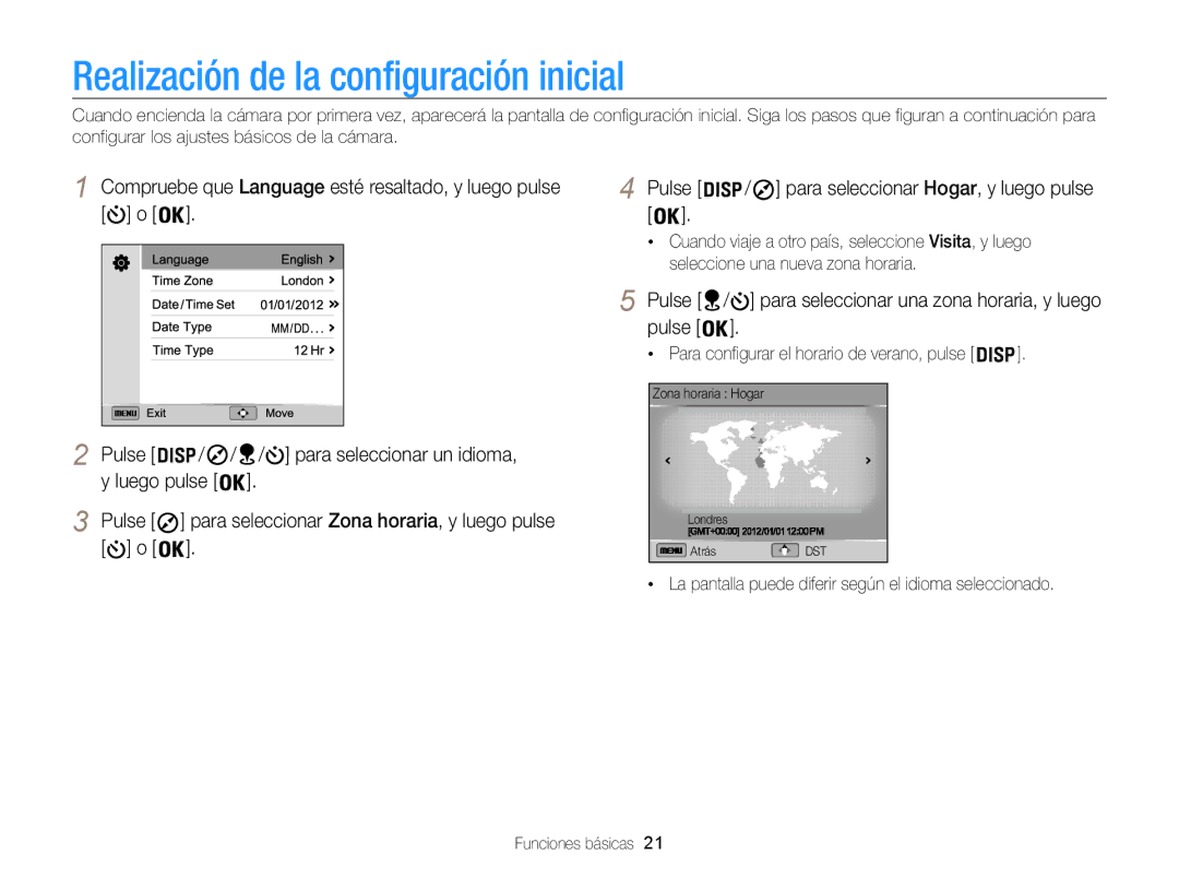 Samsung EC-WB850FBPBIL Realización de la configuración inicial, Pulse / para seleccionar una zona horaria, y luego pulse 