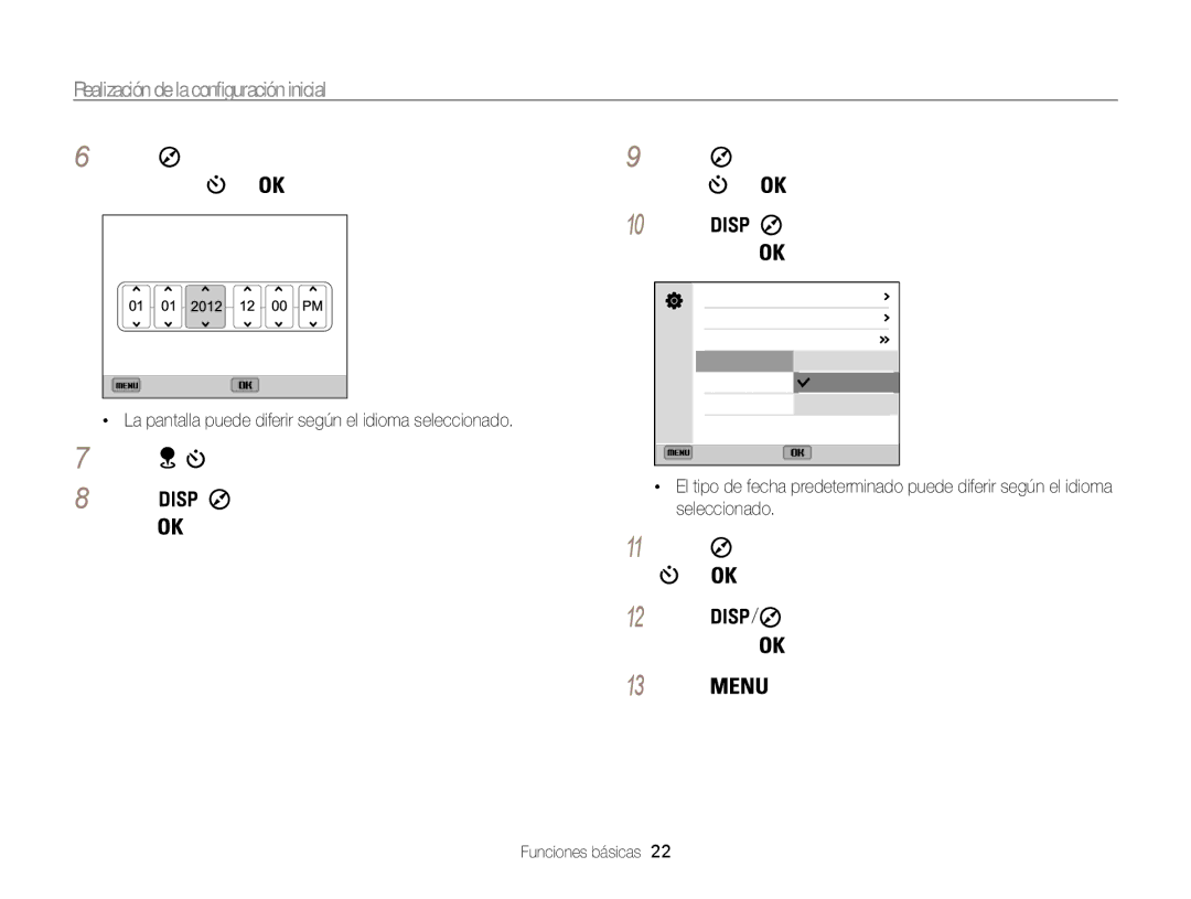 Samsung EC-WB850FBPBTW Realización de la configuración inicial, La pantalla puede diferir según el idioma seleccionado 