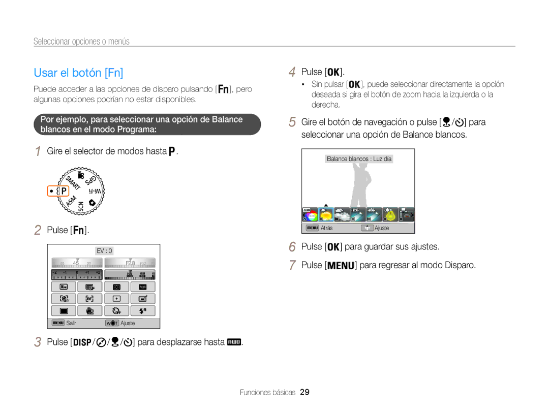 Samsung EC-WB850FBPBIL manual Usar el botón Fn, Gire el botón de navegación o pulse / para, Pulse Para guardar sus ajustes 