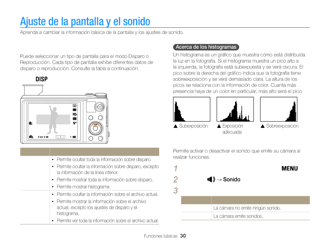 Samsung EC-WB850FBPBTW manual Ajuste de la pantalla y el sonido, Ajustar el tipo de pantalla, Configuración del sonido 