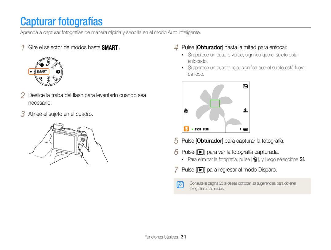 Samsung EC-WB850FBPBE1 manual Capturar fotografías, Gire el selector de modos hasta, Pulse para regresar al modo Disparo 