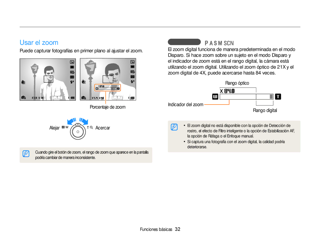 Samsung EC-WB850FBPBAE Usar el zoom, Capturar fotografías, Zoom digital , Rango óptico Indicador del zoom Rango digital 