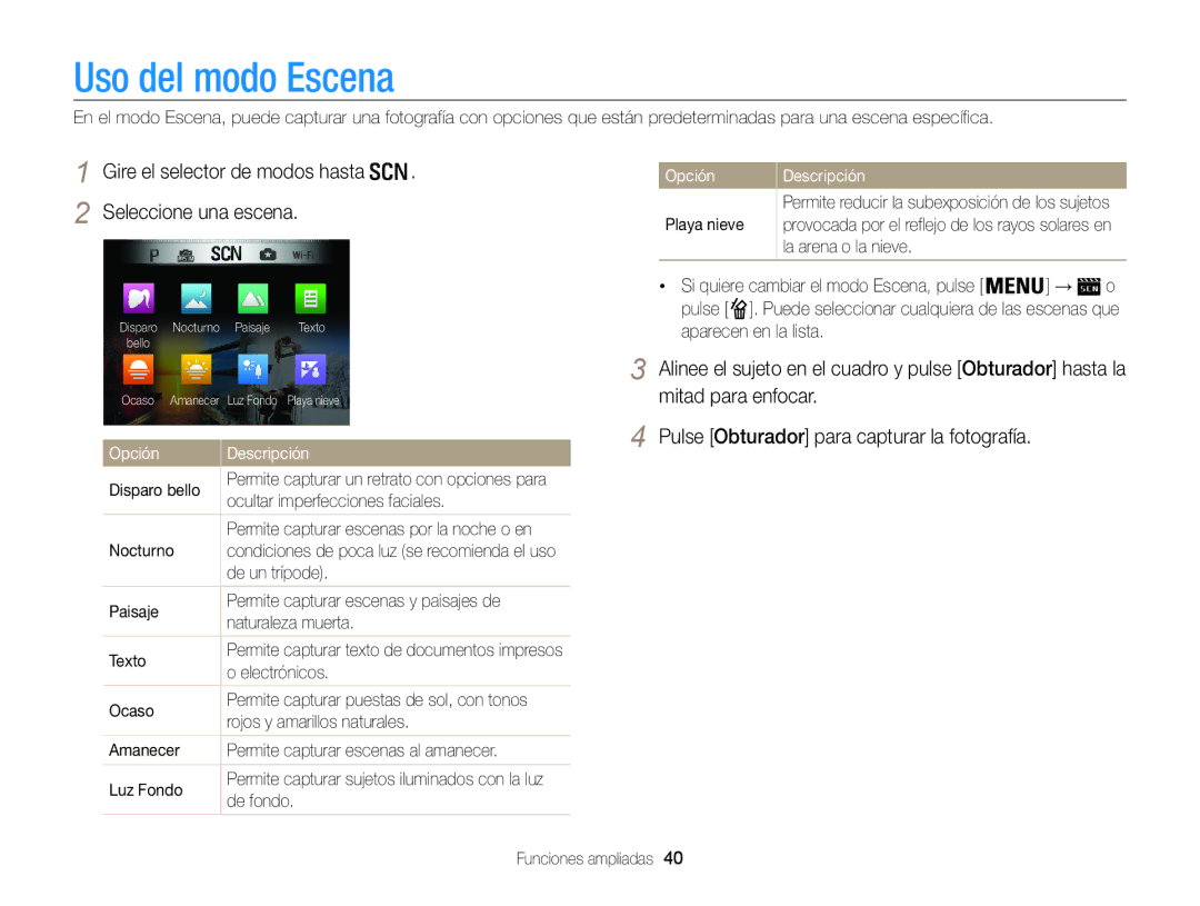 Samsung EC-WB850FBPBAE, EC-WB850FBPBE1 manual Uso del modo Escena, Gire el selector de modos hasta Seleccione una escena 