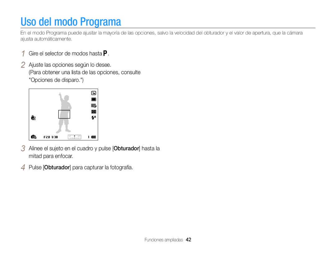 Samsung EC-WB850FBPBTW, EC-WB850FBPBE1, EC-WB850FBPBAE, EC-WB850FBPBIL manual Uso del modo Programa 