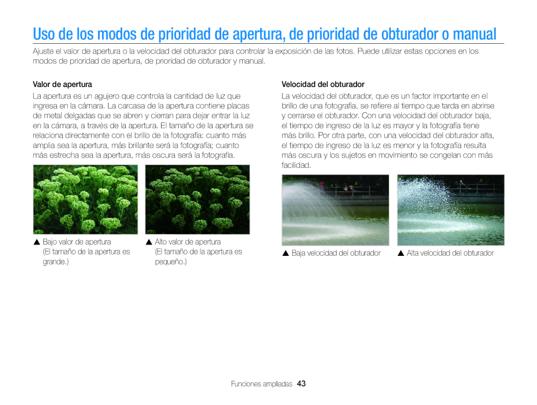 Samsung EC-WB850FBPBE1, EC-WB850FBPBAE, EC-WB850FBPBIL manual El tamaño de la apertura es, Grande Pequeño Funciones ampliadas 