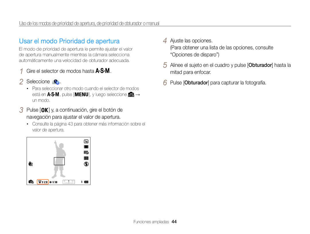 Samsung EC-WB850FBPBAE, EC-WB850FBPBE1 manual Usar el modo Prioridad de apertura, Gire el selector de modos hasta Seleccione 