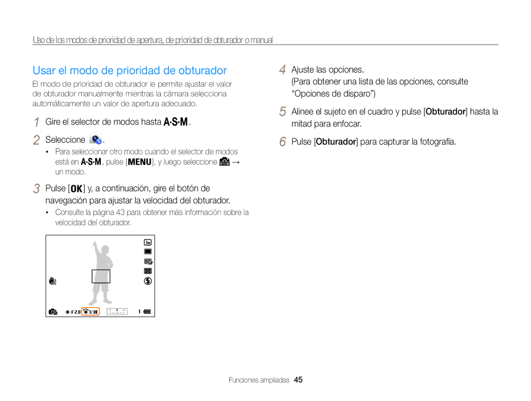 Samsung EC-WB850FBPBIL, EC-WB850FBPBE1, EC-WB850FBPBAE, EC-WB850FBPBTW manual Usar el modo de prioridad de obturador 