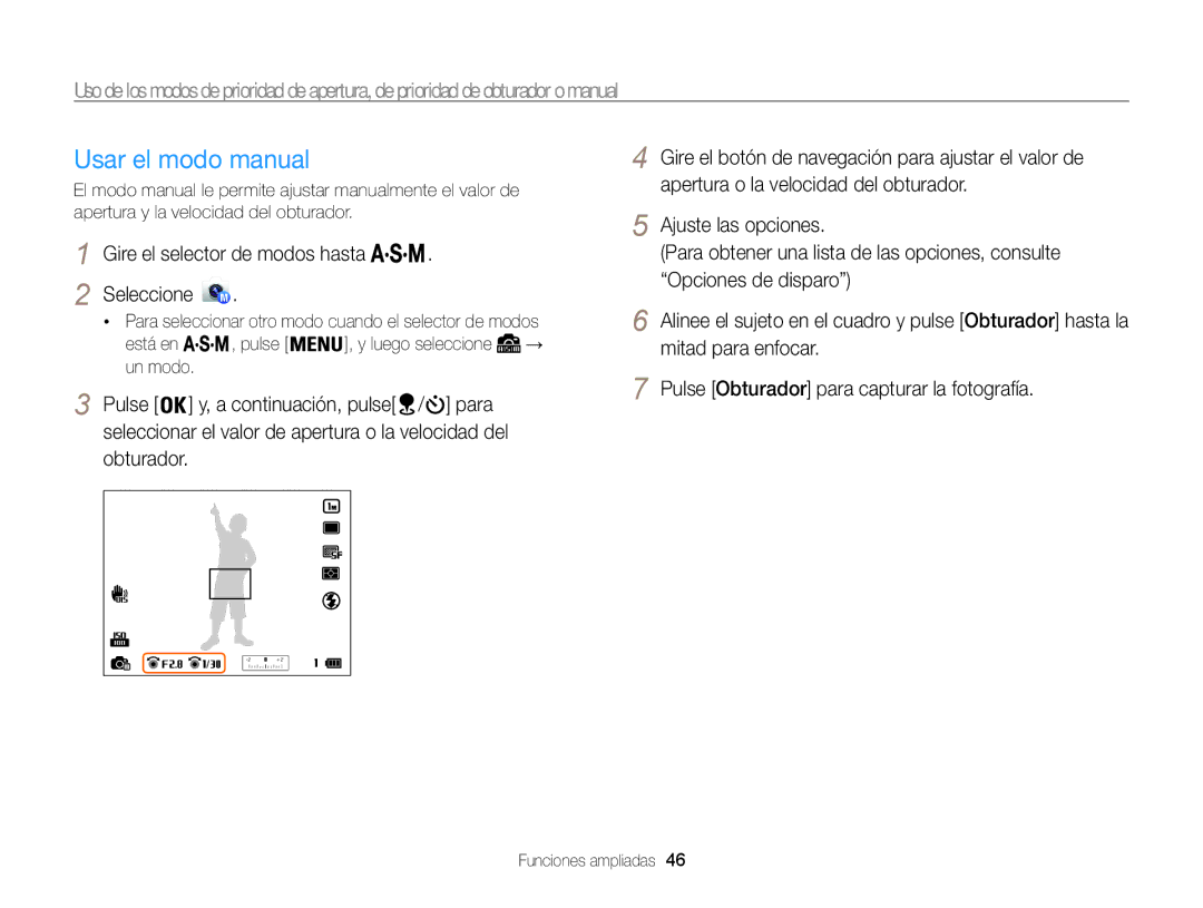 Samsung EC-WB850FBPBTW, EC-WB850FBPBE1, EC-WB850FBPBAE, EC-WB850FBPBIL Usar el modo manual 