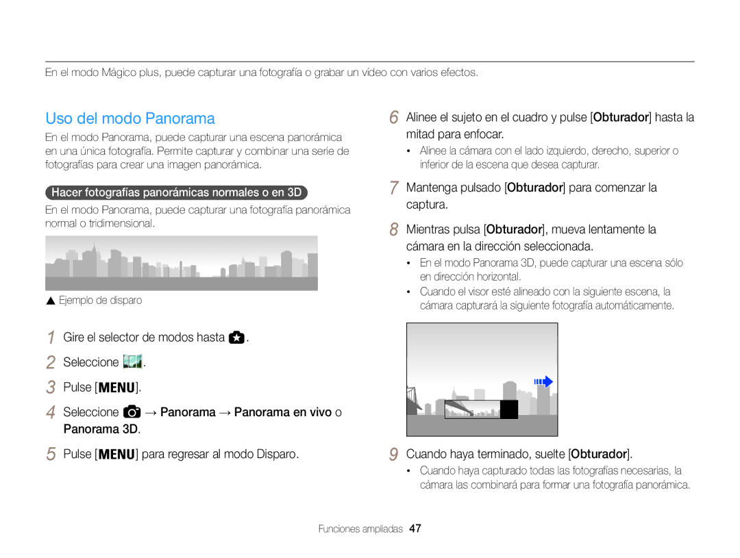 Samsung EC-WB850FBPBE1, EC-WB850FBPBAE, EC-WB850FBPBIL, EC-WB850FBPBTW manual Uso del modo Mágico plus, Uso del modo Panorama 