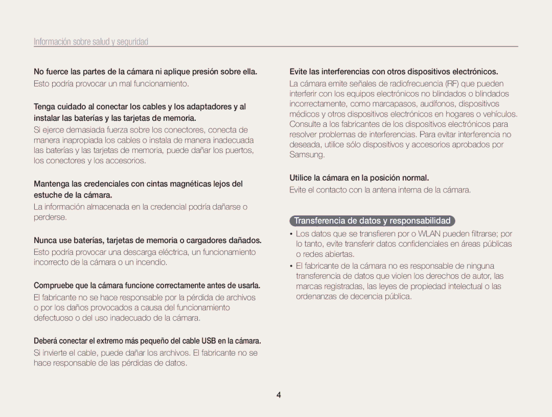 Samsung EC-WB850FBPBAE, EC-WB850FBPBE1, EC-WB850FBPBIL, EC-WB850FBPBTW manual Transferencia de datos y responsabilidad 