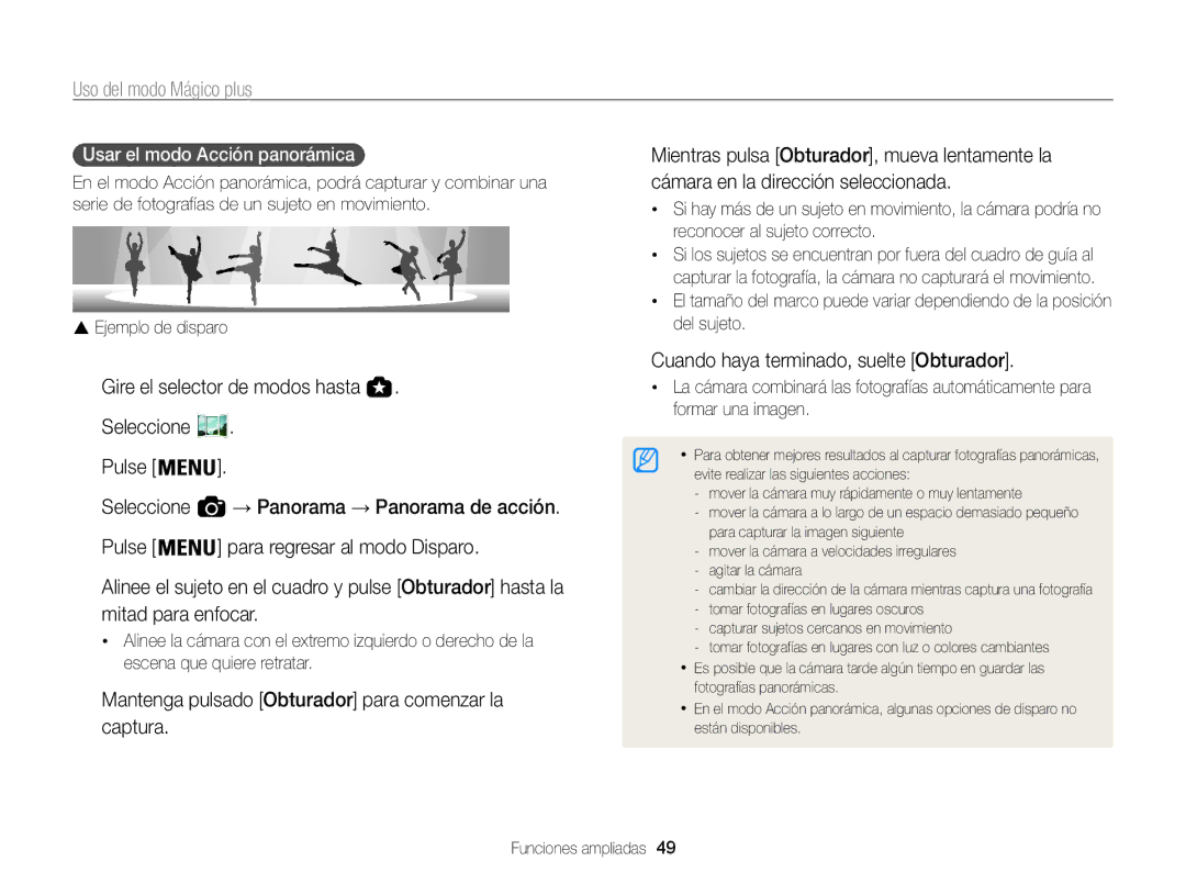 Samsung EC-WB850FBPBIL manual Seleccione Pulse Seleccione → Panorama → Panorama de acción, Usar el modo Acción panorámica 