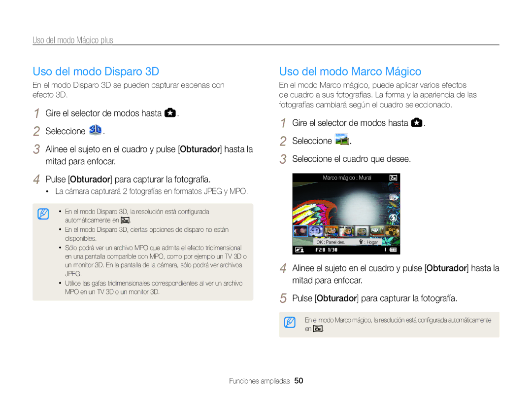 Samsung EC-WB850FBPBTW manual Uso del modo Disparo 3D, Uso del modo Marco Mágico, Seleccione Seleccione el cuadro que desee 