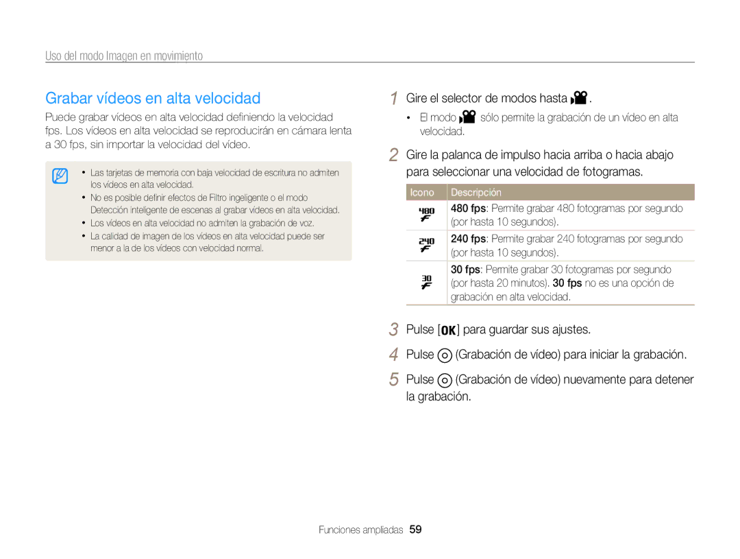 Samsung EC-WB850FBPBE1, EC-WB850FBPBAE manual Grabar vídeos en alta velocidad, El modo, Velocidad, Por hasta 10 segundos 