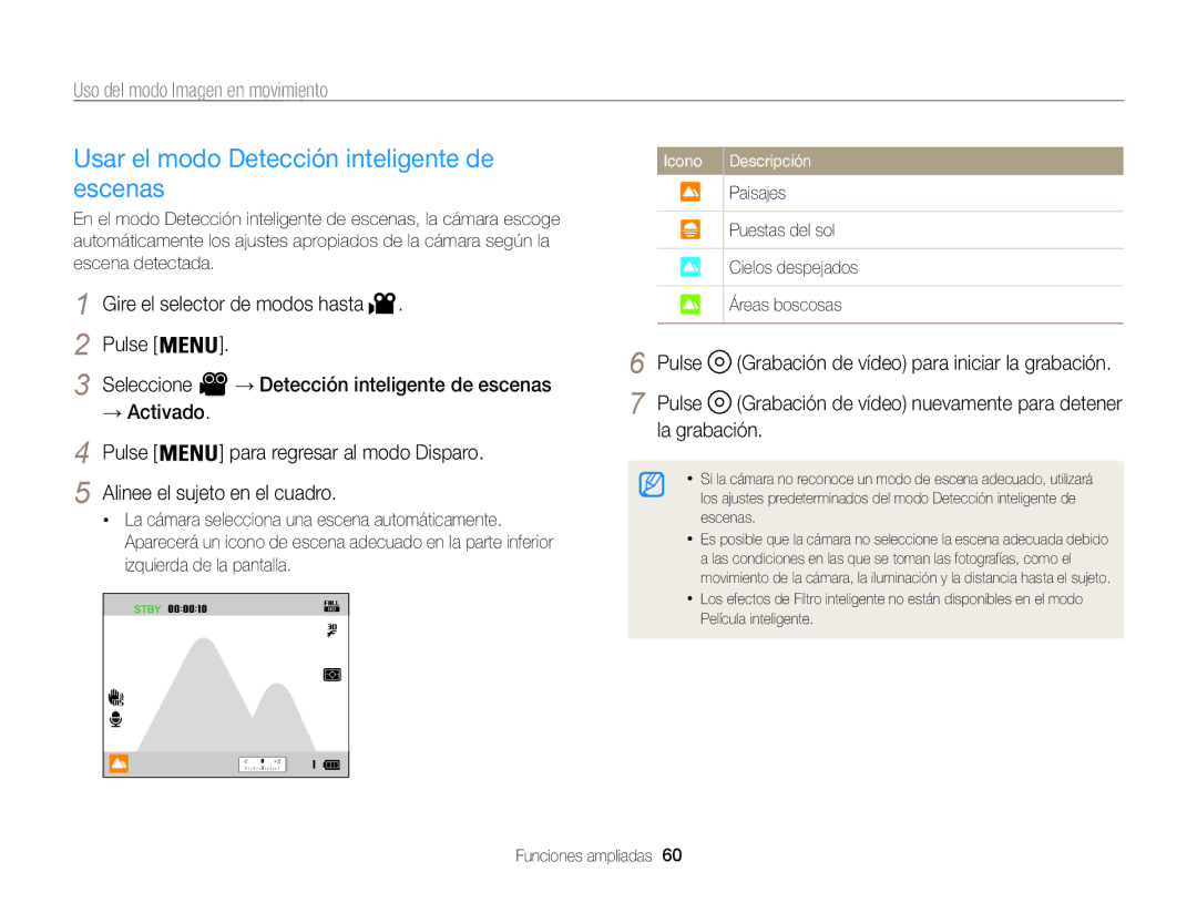 Samsung EC-WB850FBPBAE, EC-WB850FBPBE1, EC-WB850FBPBIL, EC-WB850FBPBTW manual Usar el modo Detección inteligente de escenas 